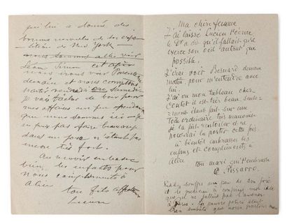 PISSARRO Camille (1830-1903) 
Lettre autographe signée adressée à son épouse Julie.
Paris,...