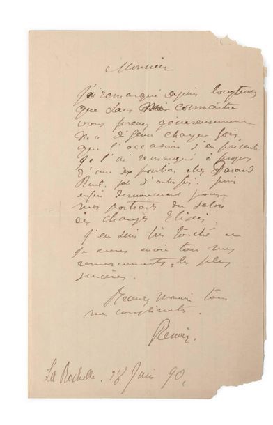 RENOIR Pierre-Auguste (1841-1919) 
Lettre autographe signée adressée à Arsène ALEXANDRE...