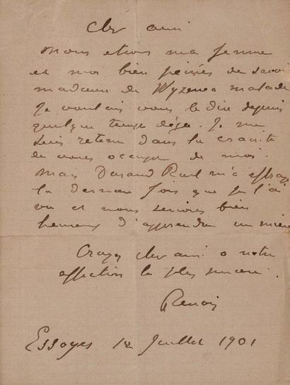 RENOIR Pierre-Auguste (1841-1919) 
Lettre autographe signée adressée à Teodor de...