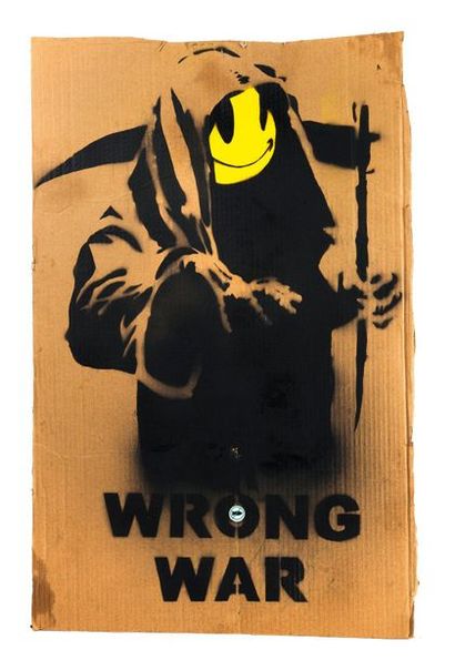 BANKSY (1974) 
Wrong war (smiley),2003.
Pochoir de peinture aérosol sur carton, broche...
