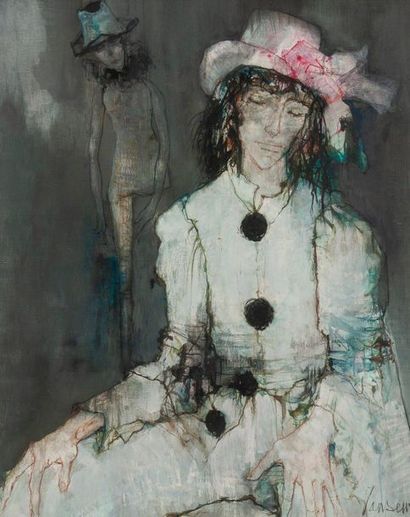 JEAN JANSEM (1920-2013) 
Pierrot à la poupée.
Huile sur toile.
Signée en bas à droite.
100,5...