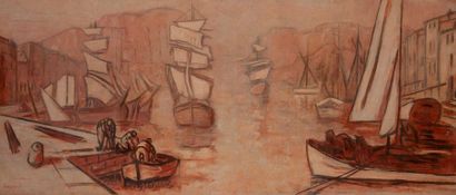 RENE SEYSSAUD (1867-1952) 

Voiliers dans un port avec marins à quai.

Huile sur...
