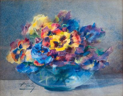 Blanche Odin (1865-1957) 

Bouquet de pensées. 

Aquarelle sur papier. 

Signé en...