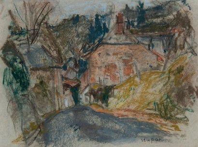 Marko STUPAR (1936) 

Vue de village. 

Pastel sur papier. 

Signé en bas à droite....