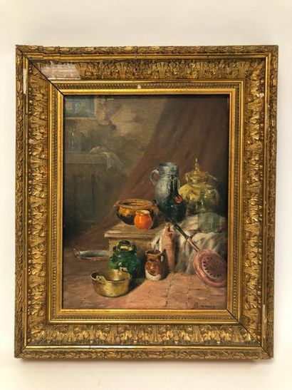 Albert BRUMENT (1905-?) 

Scène de genre ou nature morte aux bassins et vases.

Huile...