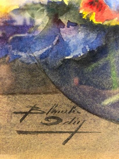 Blanche Odin (1865-1957) 

Bouquet de pensées. 

Aquarelle sur papier. 

Signé en...