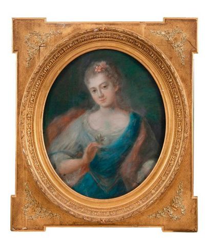 Ecole française dans le goût du XVIIIème siècle 

Portrait de jeune femme tenant...