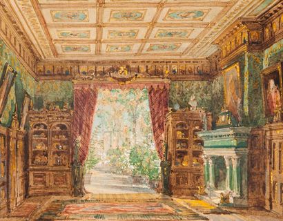 William Wiehe COLLINS (1862-1951) 

Vue d'un salon meublé, à grande cheminée et plafond...
