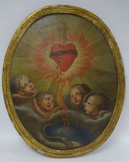 Ecole du XVIIIème siècle. 

Allégorie de la Passion (Sacré Coeur et têtes d'anges...