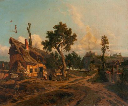 Attribuée à Alexis DE FONTENAY (1815-1892) 

Animated landscape in the thatched cottage,...