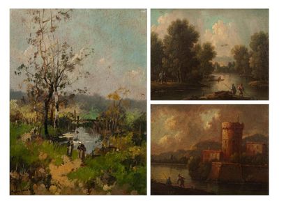 Ecole du XIXème siècle 

Animated scenes near a river or a tower. 

Two oils on cardboard....