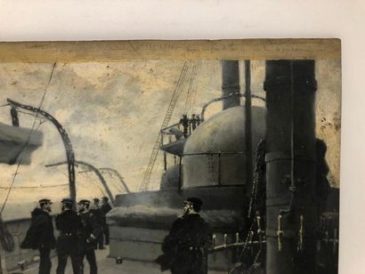 Leon COUTURIER (1842-1935) Officiers sur une passerelle observant deux marins à la...