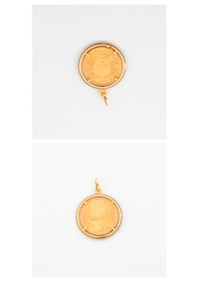 null Pendentif en or jaune (750) retenant une pièce de 20 francs or suisse, Helvetia,...