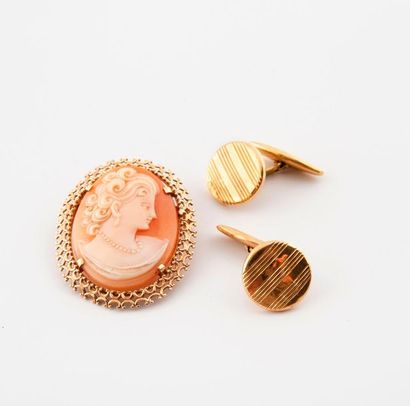 null Pendant brooch in yellow gold (750) holding a cameo on shell with a woman's...
