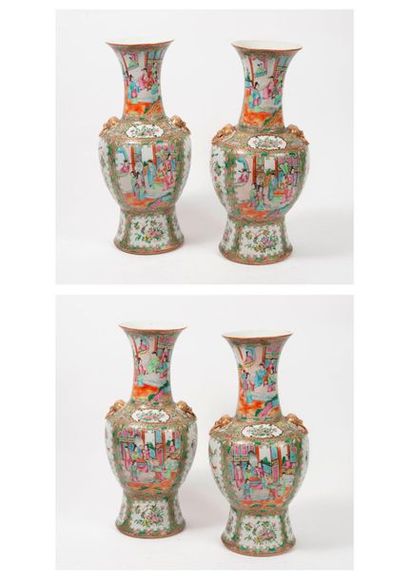 CHINE, Canton, fin XIXème - début XXème siècle 

Paire de vases balustres à cols...