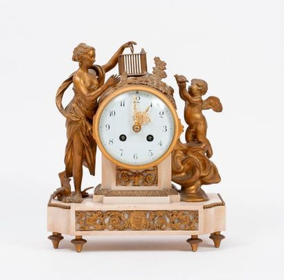 null Clock with the allegory of Love putting the bird back in a cage, in white marble...