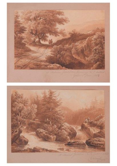 François DIDAY (1802-1877) 

Mountain landscape with a torrent animated by fishermen....