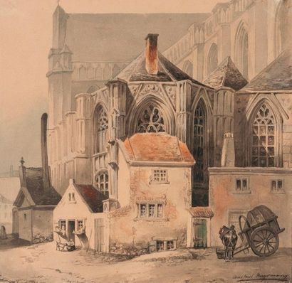 Constantinus Cornelis HUYSMANS (1810-1886) 

Charrette dételée devant des maisons,...