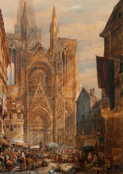 WILLIAM CALLOW (1812-1908) 

Lively market in front of the cathedral, Rouen. 

Watercolor....