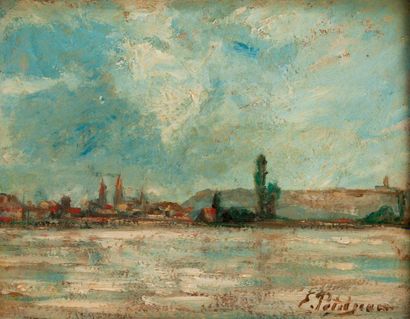 Edmond Marie PETITJEAN (1844-1925) 

City by the river. 

Oil on cardboard. 

Signed...