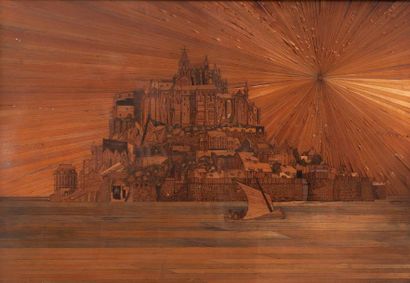 Ecole du XIXème siècle 

Vue du Mont Saint Michel. 

Tableau en marqueterie de paille....