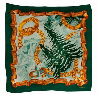 CELINE 

Wool and silk shawl adorned with a mountain landscape, fir trees, golden...