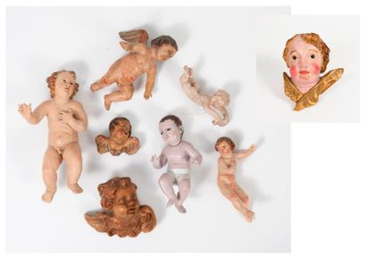  Set of eight subjects in carved wood, clay, papier-mâché or resin, painted, patinated...