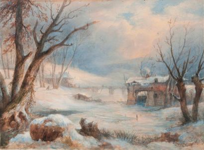 Jean-Jacques CHAMPIN (1796-1860) 

Fagotier dans un paysage enneigé. 

Aquarelle...