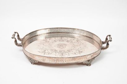 null Large oval silver serving platter (950) with two double leaved handles and resting...