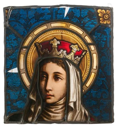 Seconde moitié du XIXème siècle Tête de Vierge couronnée ou Sainte Reine.
Vitrail.
36...