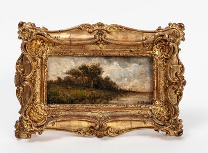 Léonce CHABRY (1832-1882) Paysage, bords de l'Oise. 
Huile sur carton. 
Signée en...