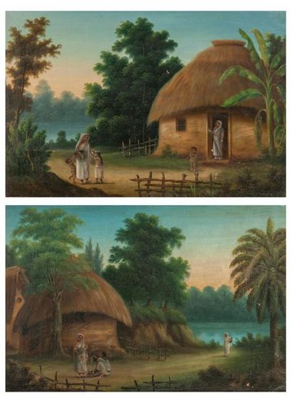 École de la fin du XIXème siècle Vues de cases malgaches (?) en bordure de rivière...