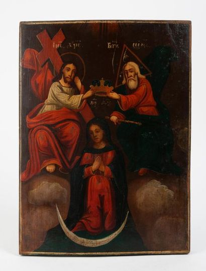 RUSSIE, XIXème siècle Couronnement de la Vierge.
Icône.
Tempéra sur bois.
29 x 39,5...