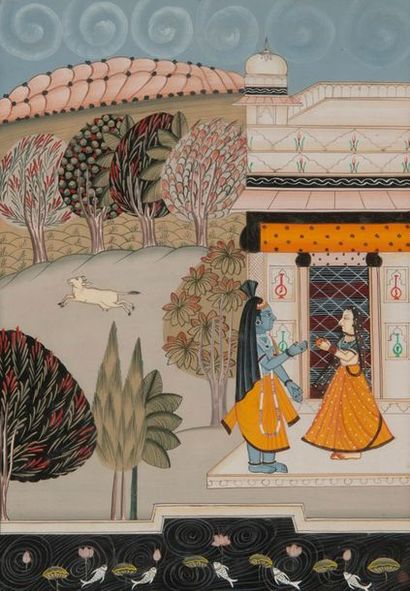 INDE, début du XXème siècle. Dieu Rama (?) et femme sur la terrasse d'un palais.
Miniature.
25...