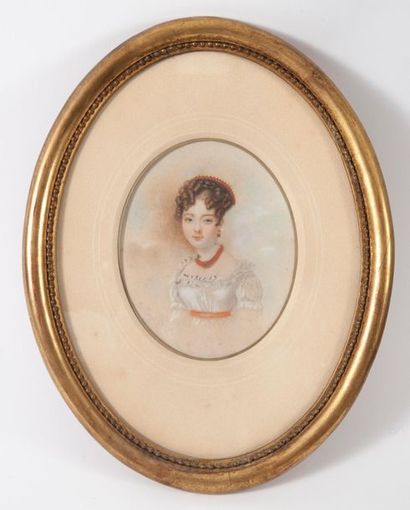 Ecole FRANCAISE du début du XIXème siècle Portrait de femme en buste au voile brodé.
Aquarelle...
