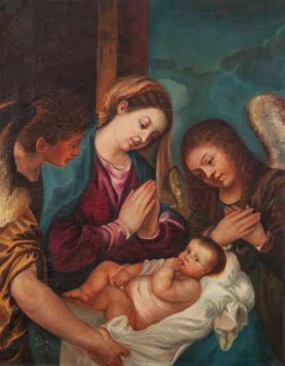 ECOLE FRANCAISE DU MILIEU DU XIXème SIECLE Adoration de l'Enfant Jésus.
Huile sur...