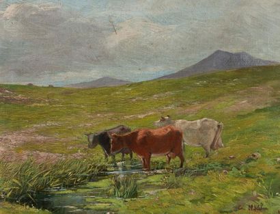 M. WEBER, XIXème-XXème siècles Vaches près d'un ruisseau en montagnes - Chemin et...