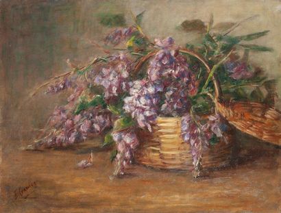Emilie GARNIER (XIX- XXème siècles) - Corbeille fleurie - Jeté d'anémones, près d'une...