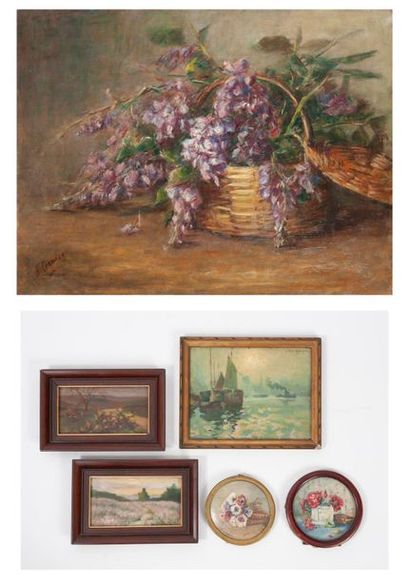 Emilie GARNIER (XIX- XXème siècles) - Corbeille fleurie - Jeté d'anémones, près d'une...