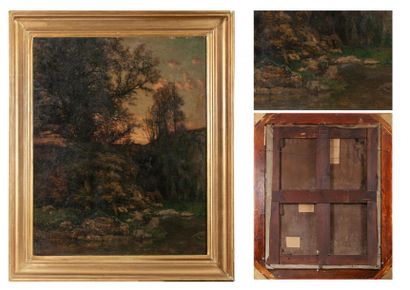 Emile BRETON (1831-1902) Chasseurs en forêt au lever du soleil.
Huile sur toile.
Signée...