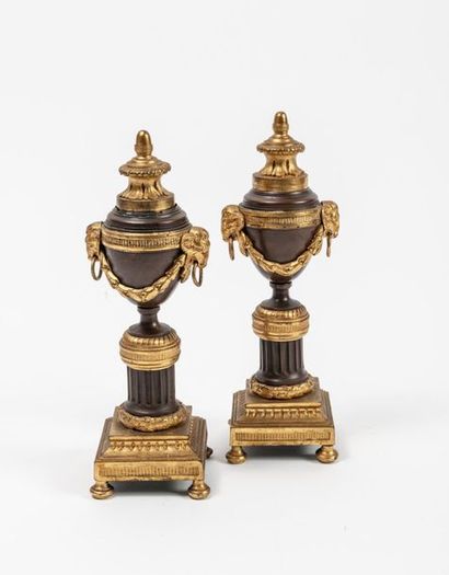 Style Louis XVI, XIXème siècle. Paire de cassolettes sur piédouche dissimulant des...