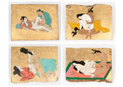 JAPON, XXème siècle Suite de quatre scènes érotiques.
Technique mixte sur panneaux...