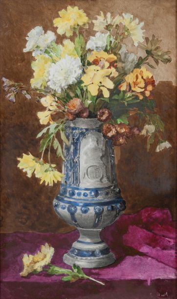Ecole du début du XXème siècle Fleurs des champs dans un vase en grès, posé sur un...