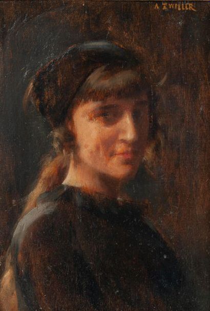 Augustin Zwiller (1850-1939) Portrait de jeune femme au fichu brun. 
Huile sur panneau....