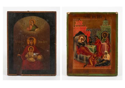 RUSSIE, XIXème siècle Naissance de la Vierge - Couronnement de la Vierge.
Deux icônes.
Tempera...
