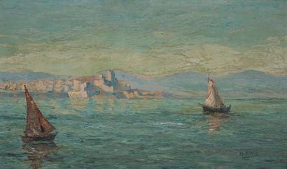 Ecole du XXème siècle Voiliers en Méditerranée, devant un port.
Huile sur panneau....