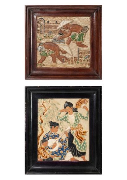 BIEN HOA Musicians and dancer / Harvesting in the rice field.
Two sandstone tiles.
Signed...