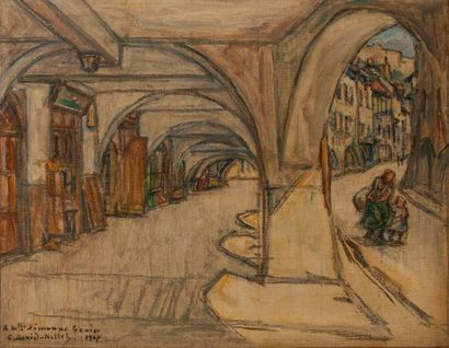 Germain DAVID-NILLET (1861-1932) Les arcades à Annecy, 1927. 
Huile sur toile. 
Signée...
