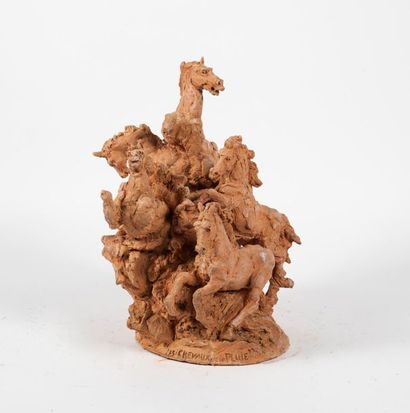 Robert GODEFROY (1928-2020) Rain horses.
Terracotta. 
Signed and titled. 
41 x 30...
