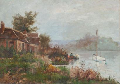 Jules-Lucien BRAULT (1861-?) Maison au bord d'une rivière. 1912.
Huile sur toile...